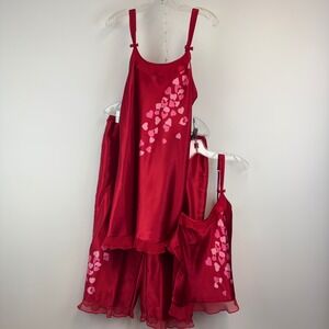 Morgan Taylor Intimates‎ Red Satin Heart Print 3pc Pajama Set Nightgown Medium